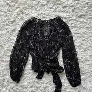 White House Black Market Smocked Tie Waist Blouse Black Size 8